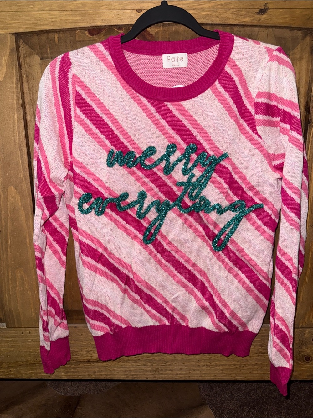 Fate Pink Striped Crewneck Sweater with Teal Script Embroidery
